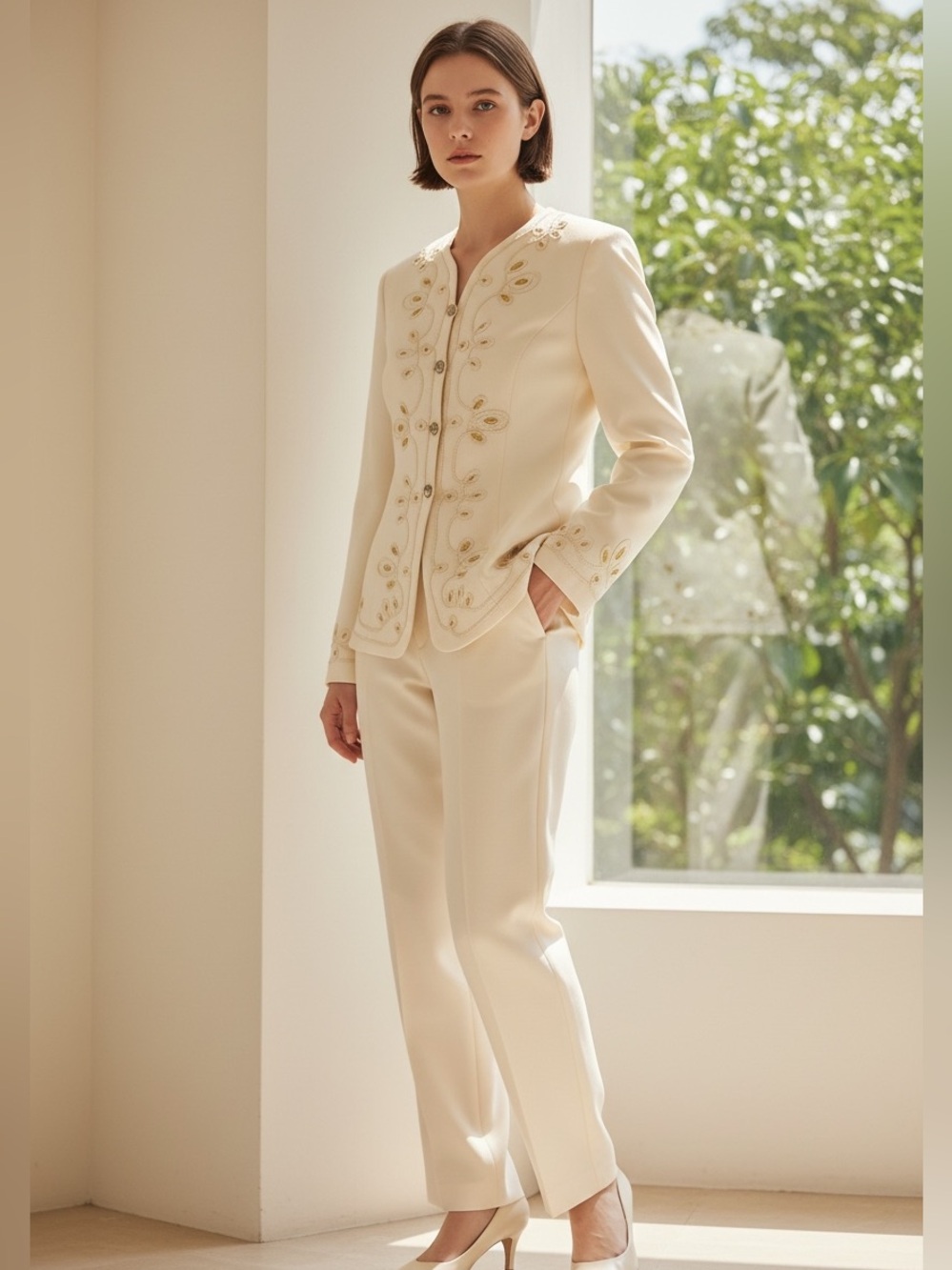 70s CHE STUDIO 2PC CREAM FITTED JACKET W BRAIDING & GOLD ACCENTS & PANTS SZ 8